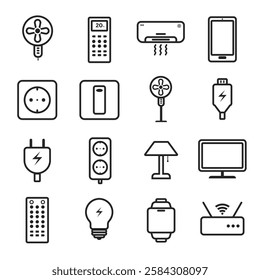 Electronic devices set icons in bedroom, vector line icons, ac, fan, television, remote, plug, wifi and mobile phone