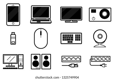 Electronic devices set of twelve (12) vector icons. Phone, laptop, notebook, tv, action camera, usb, mouse, keyboard, web-camera, personal computer, splitter, adaptor, plug, socket.  Black and white.