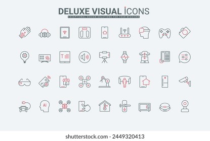 Electronic devices, smart equipment line icons set. Phone and tablet, digital TV and network diagnostics, VR glasses and smartwatch, robot thin black and red outline symbols, vector illustration