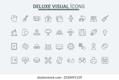 Dispositivos eletrônicos coleção de símbolos de contorno preto fino, computador e laptop, telefone, tablet, robô aspirador de pó ilustração vetor. Equipamento inteligente com o uso do conjunto de ícones de linha AI.