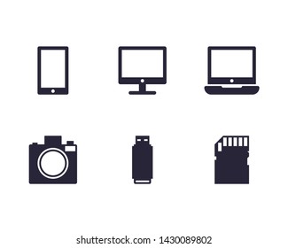 Electronic devices thin flat icons on white background. Visualization equipment icon