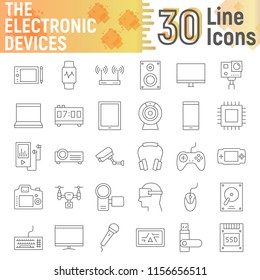 Electronic devices thin line icon set, media symbols collection, vector sketches, logo illustrations, digital signs linear pictograms package isolated on white background, eps 10.