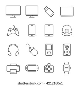 Dispositivos eletrônicos ícones de linha fina. 16 ícones de dispositivo conjunto universal para web e móvel. Dispositivos vetoriais.