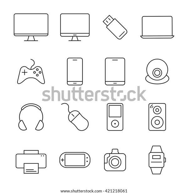 Electronic devices thin line\
icons. 16 device icons universal set for web and mobile. Vector\
devices . 