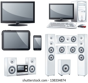 Electronic devices : TV, computer, tablet, smart phone, sound systems. Vector objects illustration set