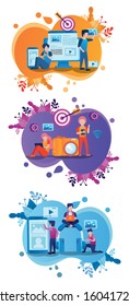 electronic devices and users with social media marketing icons vector illustration design