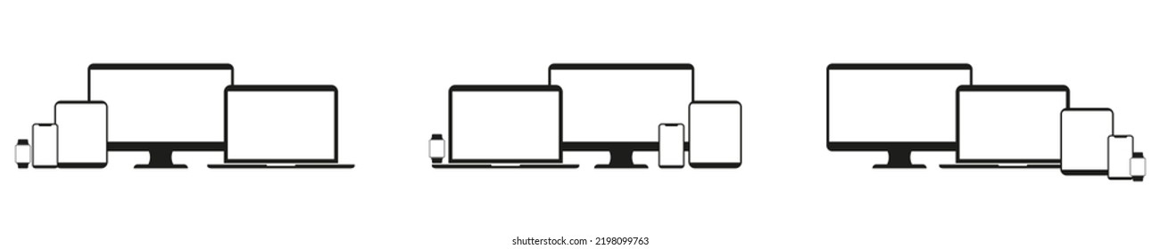 Icono vectorial de dispositivos electrónicos: TV, computadora, laptop, tablet, smartphone, reloj inteligente. Dispositivos digitales de respuesta. Ilustración vectorial, diseño plano.