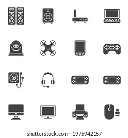 Electronic devices vector icons set, modern solid symbol collection, filled style pictogram pack. Signs, logo illustration. Set includes icons as laptop computer, game console, headphones, web camera