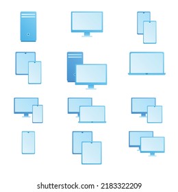 Iconos vectoriales de dispositivos electrónicos. Conjunto de computadoras, portátiles y tablets en diseño plano