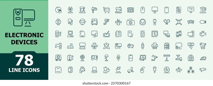 Electronic Devices vector line icon set. Related to device, desktop, mobile, digital, speaker, computer, notebook and more. Minimalist UI icon design. Editable vector icon and illustration.