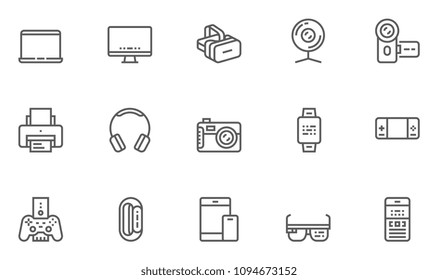 Electronic Devices Vector Line Icons Set. Compact Personal Computer, Smartphone, Smart Watch, Camcorder, Gadgets for Mobile Calls, Communication ang Gaming. Editable Stroke. 48x48 Pixel Perfect.