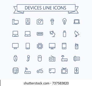 Electronic devices vector thin line mini icons set. 24x24 Grid. Pixel Perfect.Editable stroke.