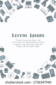 Electronic devices - vertical card with text and vector color illustrations of technique and computer for graphic design