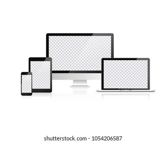 Electronic devices, web design vector template with laptop, tablet, smartphone, computer. Flat design, vector illustration on background