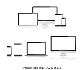 Electronic devices, web design vector template with laptop, tablet, smartphone, computer. Flat design, vector illustration on background