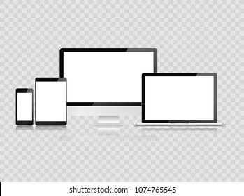 Electronic devices, web design vector template with laptop, tablet, smartphone, computer. Flat design, vector illustration on background