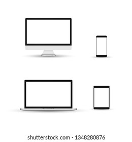 Electronic devices, web design vector template with laptop, tablet, smartphone, computer. Flat design, vector illustration on background.