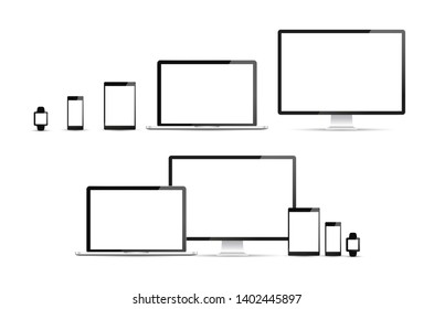 Electronic devices, web design vector template with laptop, tablet, smartphone, computer. Flat design, vector illustration on background.