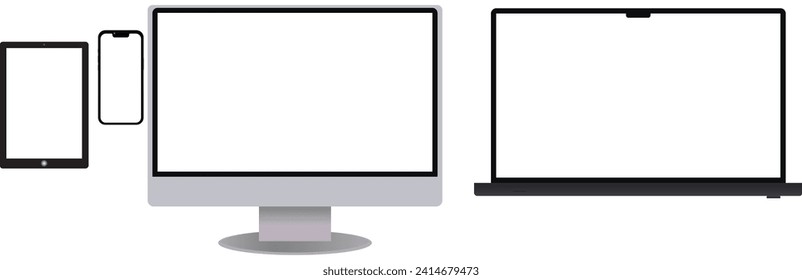 Electronic devices white background, desktop computer, laptop, tablet and mobile phones