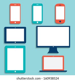 electronic devices with white blank screens in color. smartphones, tablets, computer monitor, netbook. vector eps10