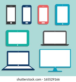 electronic devices with white blank screens in color. smartphones, tablets, computer monitor, notebook. vector eps10