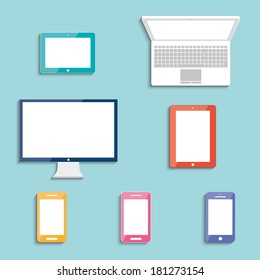 electronic devices with white blank screens in color. smartphones, tablets, computer monitor, netbook. vector eps10