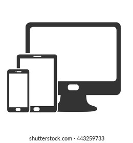 Electronic devices with white blank screens - computer monitor, smartphone, tablet isolated on white background. Vector iilustration set of black icons. EPS10