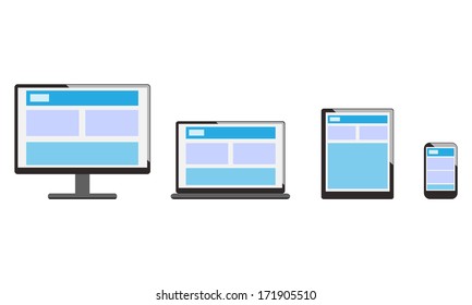 Electronic devices with white, desktop computer, laptop, tablet and mobile phones.  