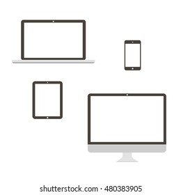 Electronic devices with white screens isolated on white background. Desktop computer, laptop, tablet, mobile phone.