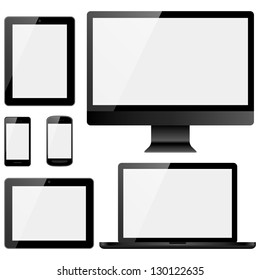 Electronic Devices with White Screens - Set of electronic devices with white screens isolated on white background.  Desktop computer, laptop, tablets and mobile phones.  Eps10 file with transparency.