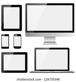 Electronic Devices with White Screens - Electronic devices with white, shiny screens isolated on white background; desktop computer, laptop, tablet and mobile phones.  Eps10 file with transparency.