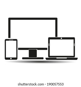 Electronic Devices with White Screens - Electronic devices with white, shiny screens isolated on white background; desktop computer, laptop, tablet and mobile phones. Eps10