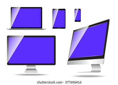 Electronic Devices with White Screens - Electronic devices with white, shiny screens isolated on white background; desktop computer, laptop, tablet and mobile phones. Eps10 file with transparency.