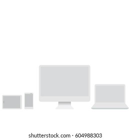 Electronic Devices with White Screens - Electronic devices with white, shiny screens isolated on white background; desktop computer, laptop, tablet and mobile phones.  file with transparency.