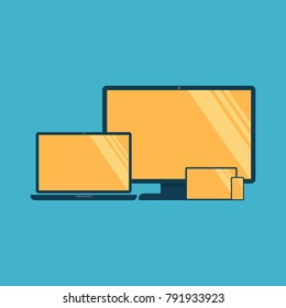 Electronic Devices with White Screens - Electronic devices with white, shiny screens isolated on white background; desktop computer, laptop, tablet and mobile phones. Eps10 file with transparency.