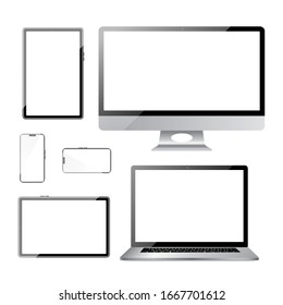 Electronic Devices with White shiny Screens isolated on white background; desktop computer, laptop, smartphones and tablets. Vector illustration Eps 10 file