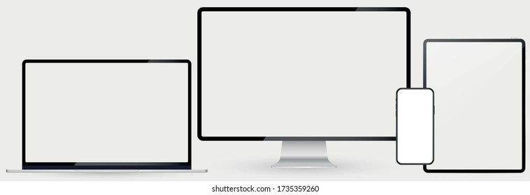 Electronic Devices with White shiny Screens isolated on white background; desktop computer, laptop, smartphones and tablets. Vector illustration