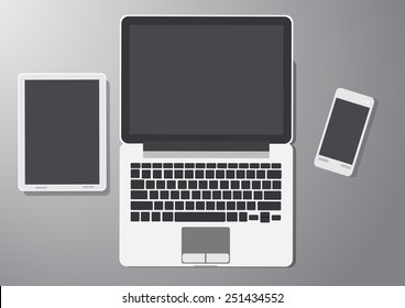 Electronic Devices - Electronic devices with white, shiny screens isolated on white background; desktop computer, laptop, tablet and mobile phones. Eps10 file with transparency.