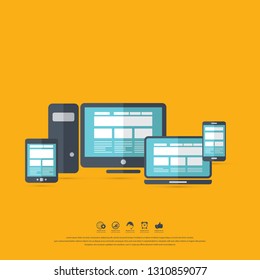 Electronic devices.Flat style illustration of laptop, pc, tablet and phone. Vector icon for websites and mobile minimalistic design. Popular gadgets.