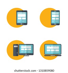 Electronic devices.Flat style illustration of laptop, pc, tablet and phone. Vector icon for websites and mobile minimalistic design. Popular gadgets.