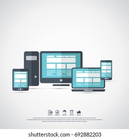 Electronic devices.Flat style illustration of laptop, pc, tablet and phone. Vector icon for websites and mobile minimalistic design. Popular gadgets.