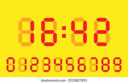 Electronic dial. Clock, timekeeping, time management, schedule, alarm clock, planning, red numbers, yellow background, calendar, watch, timer, sked, assign term, make an appointment, hour, minute