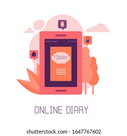 Diario electrónico. Aplicación conveniente para el teléfono. Diario digital en línea. Ilustración plana vectorial sobre fondo blanco aislado.