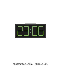 Electronic, digital alarm clock with big numbers, flat style vector illustration isolated on white background. Digital alarm clock radio, front view vector illustration, evening time