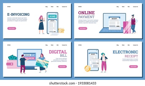 Electronic digital bill and online payments set of website banners, cartoon flat vector illustration. Landing pages bundle for E-invoicing and electronic receipt.