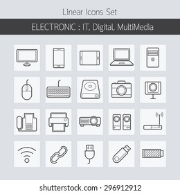 Electronic IT Digital Equipment and Devices Linear  Icons Set
