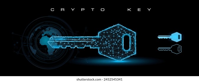 Electronic digital key with cyber security code. Streaming digital code matrix with security key. Cyber security protection. Concept banner. Private electronic digital code key. Modern data protection