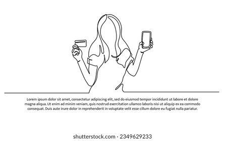 Electronic digital payment one continuous line design. Illustration of a female model holding a cell phone and a debit card. Decorative elements drawn on a white background.