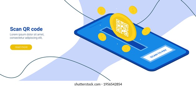 Pago digital electrónico desde un smartphone. Analice el código QR en su teléfono. Escanear para pagar. El concepto de monedas en dólares y escaneo, tecnología y concepto de negocio. Banner horizontal del vector.