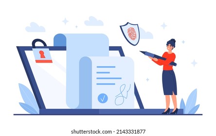 Electronic digital signature concept. Woman with pen stands in front of laptop and signs document or contract in secure app. Online service with cyber protection. Cartoon flat vector illustration